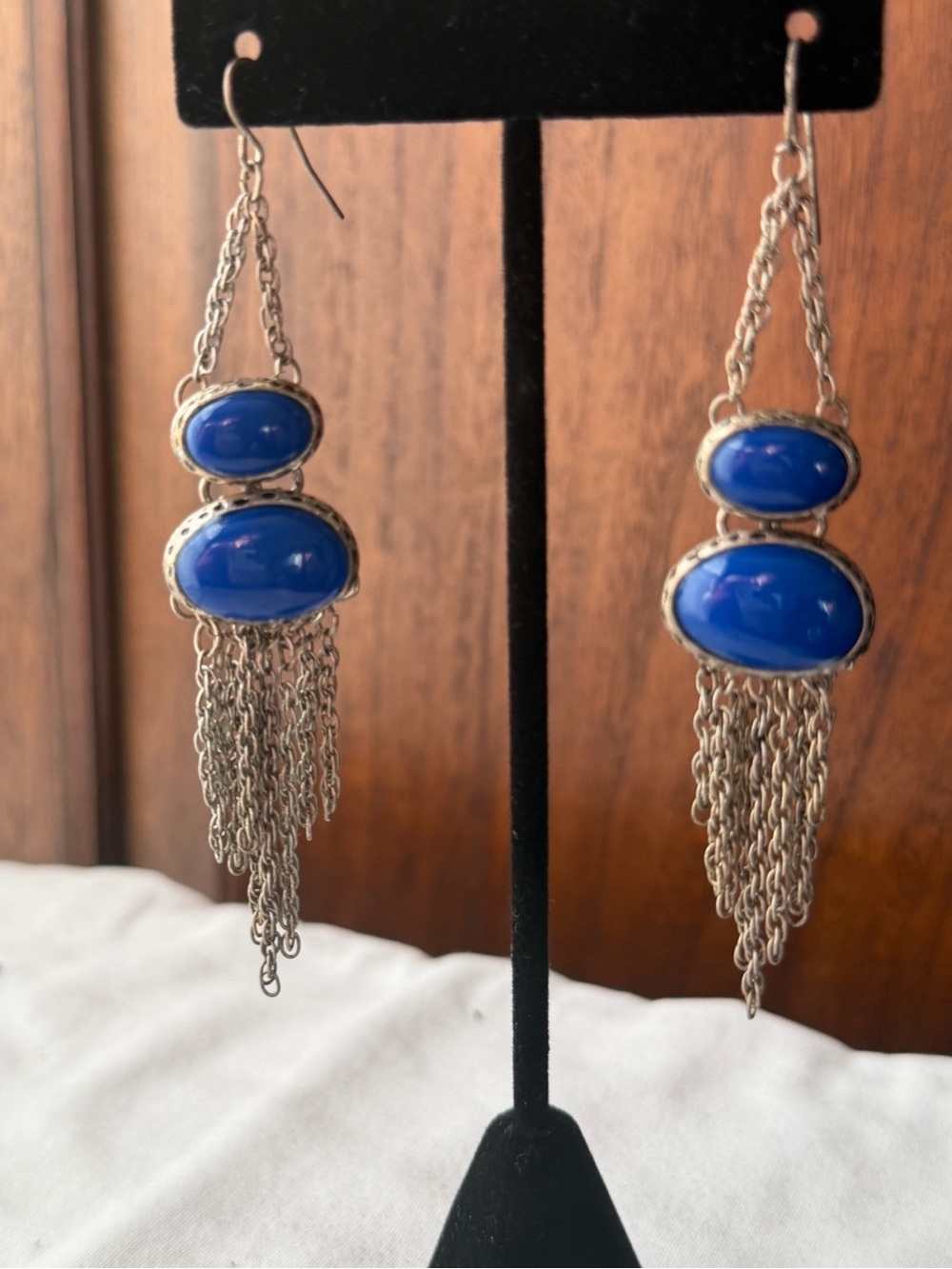 Blue Cabochon Chain Fringe Dangle Earrings Silver Tone Statement Earrings